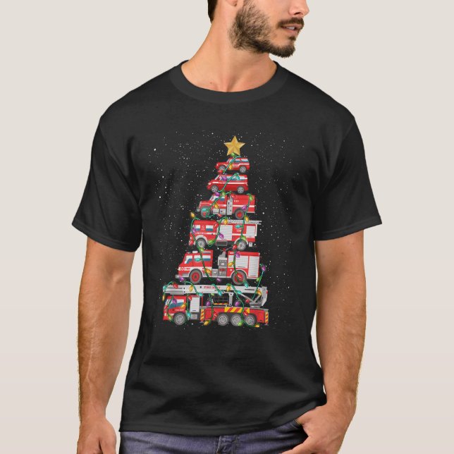 Funny Firefighter Tree Fire Truck Christmas Merry  T-Shirt (Front)