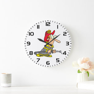 Funny Firefighter with Hose Emergency Responder  Large Clock