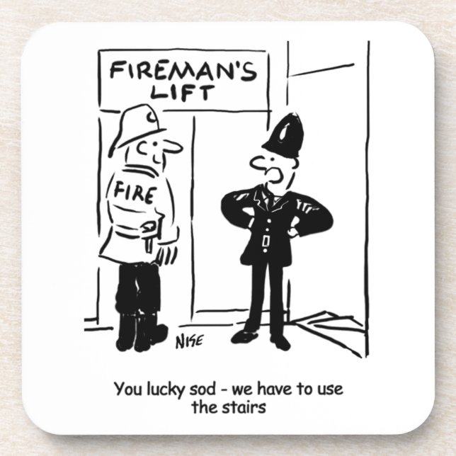 Funny Fireman Firefighter and Policeman Cartoon Coaster (Front)