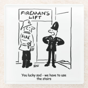 Funny Fireman Firefighter and Policeman Cartoon Glass Coaster