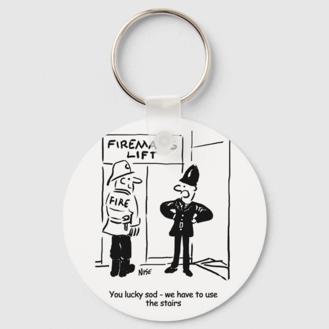 Funny Fireman Firefighter and Policeman Cartoon Key Ring (Front)