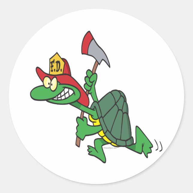 funny fireman firefighter turtle cartoon classic round sticker (Front)