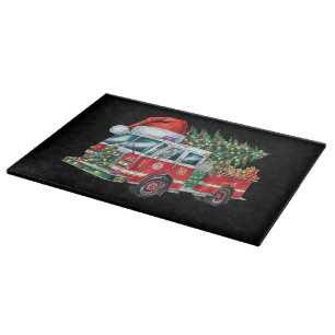 Funny Firetruck Santa Hat Christmas Tree Lights  Cutting Board