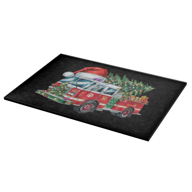 Funny Firetruck Santa Hat Christmas Tree Lights  Cutting Board (Corner)