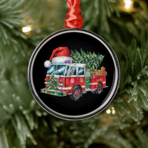 Funny Firetruck Santa Hat Christmas Tree Lights Metal Ornament
