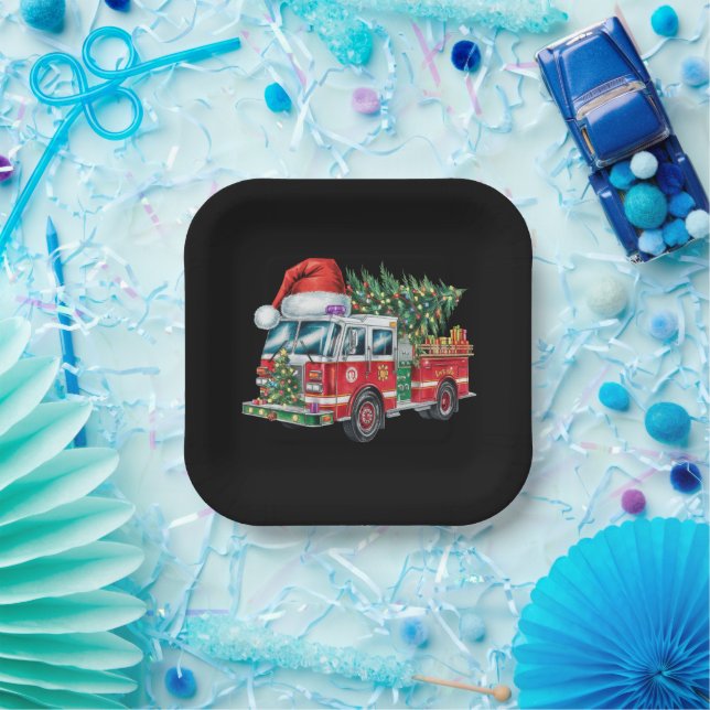 Funny Firetruck Santa Hat Christmas Tree Lights  Paper Plate (Party)