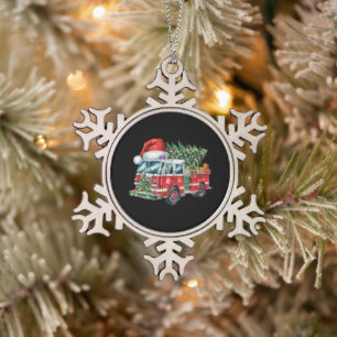 Funny Firetruck Santa Hat Christmas Tree Lights Snowflake Pewter Christmas Ornament