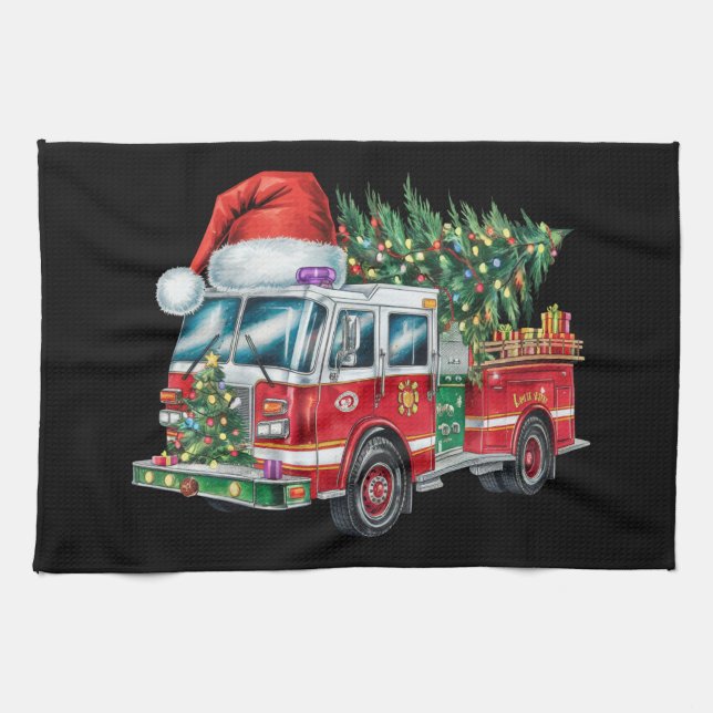Funny Firetruck Santa Hat Christmas Tree Lights  Tea Towel (Horizontal)