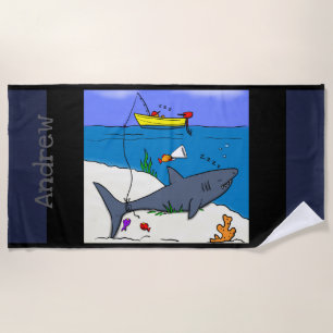 Funny fish and fishing shark cartoon beach towel