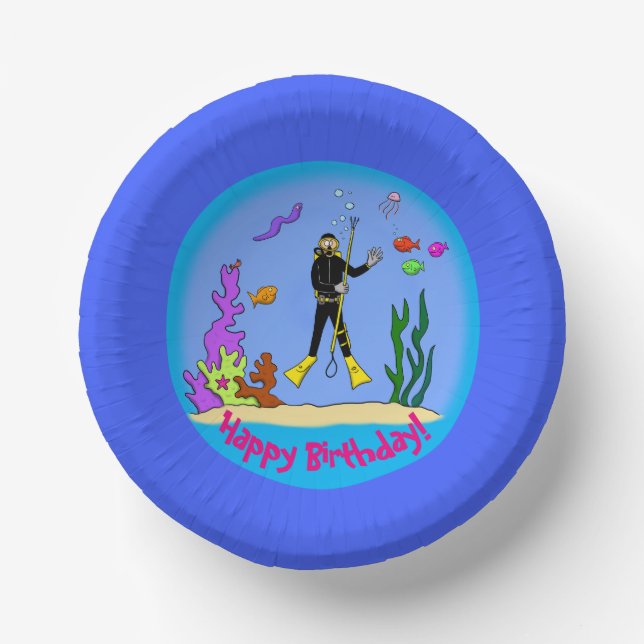 Funny fish and scuba diver cartoon paper plate (Front)