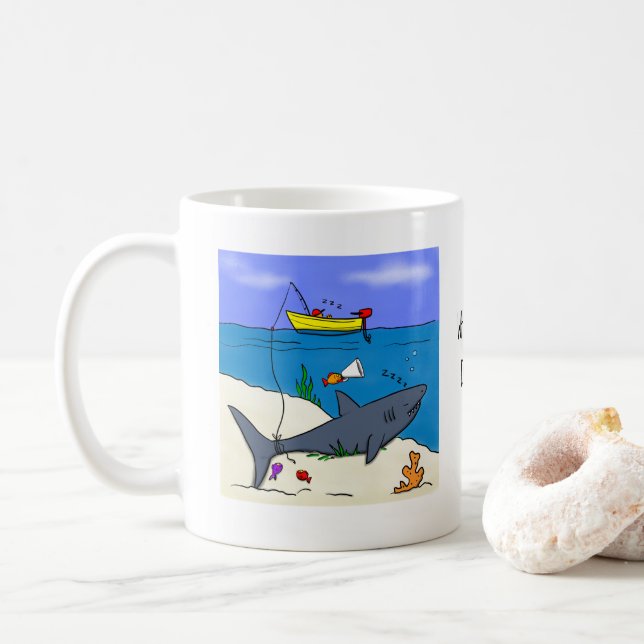 Funny fish and shark fishing cartoon mug (With Donut)