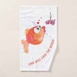 Funny Fish and Worm Love Cartoon Bath Towel Set