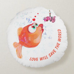 Funny Fish and Worm Love Cartoon Round Pillow