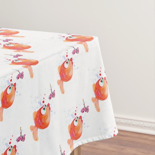 Funny Fish and Worm Love Cartoon Tablecloth (In Situ)