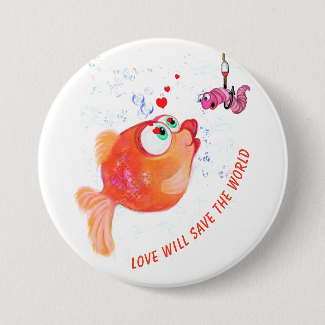 Funny Fish and Worm Love Romantic Cartoon Button (Front)