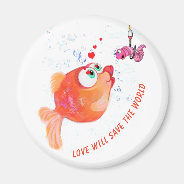 Funny Fish and Worm Love Romantic Cartoon Drawing  Magnet (Front)
