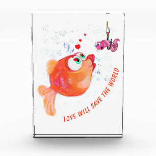 Funny Fish and Worm Love Romantic Cartoon Drawing Photo Block