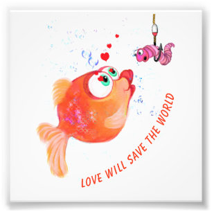 Funny Fish and Worm Love Romantic Cartoon Drawing Photo Print