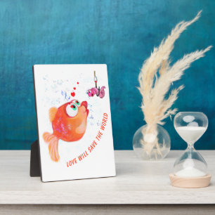 Funny Fish and Worm Love Romantic Cartoon Drawing  Plaque