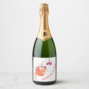 Funny Fish and Worm Love Romantic Cartoon Drawing  Sparkling Wine Label