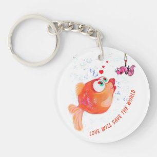 Funny Fish and Worm Love Romantic Cartoon Keychain