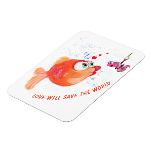 Funny Fish and Worm Love Romantic Cartoon Magnet
