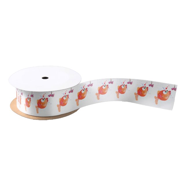 Funny Fish and Worm Love Romantic Fun Drawing Satin Ribbon (Spool)
