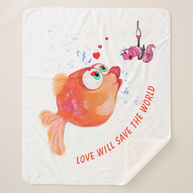 Funny Fish and Worm Love Sherpa Blanket Cartoon (Front)