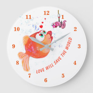 Funny Fish and Worm - Love Will Save The World Large Clock