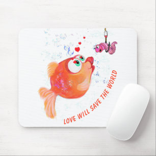 Funny Fish and Worm Romantic Cartoon Mouse Pad