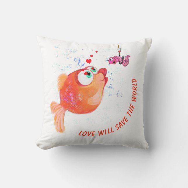 Funny Fish and Worm Throw Pillow - Custom Text (Front)