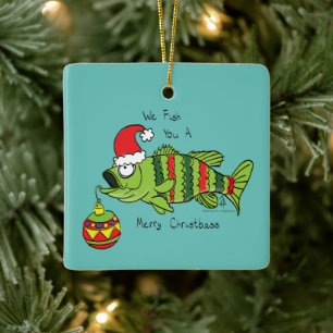Funny Fish Christmas Bass Fishing Cute Cartoon Ceramic Ornament