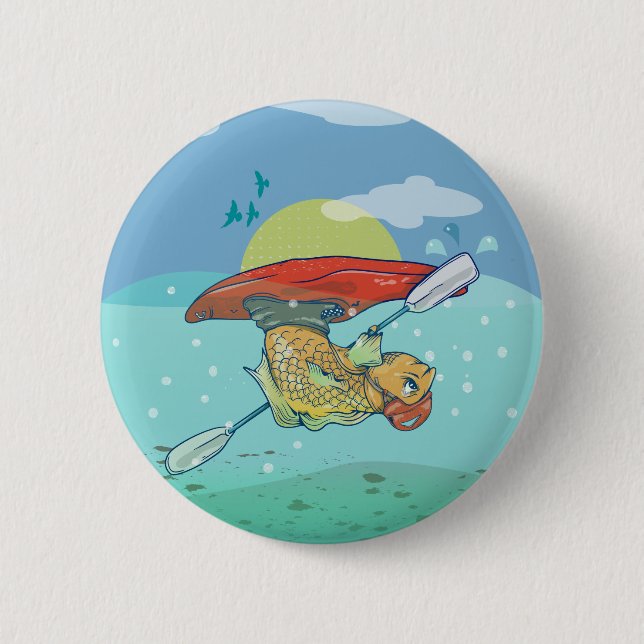 Funny fish kayaking 6 cm round badge (Front)