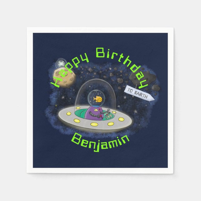 Funny fish UFO space ship cartoon illustration Napkin (Front)