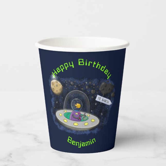 Funny fish UFO space ship cartoon illustration Paper Cups (Front)