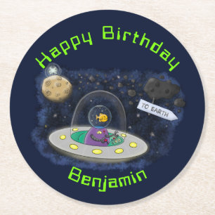 Funny fish UFO space ship cartoon illustration Round Paper Coaster
