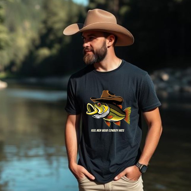 Funny-Fish Wearing a Cowboy Hat- T-Shirt (Bass Fish Funny T shirt Reel Men Wear Cowboy Hats Fathers day Birthday gift for him)