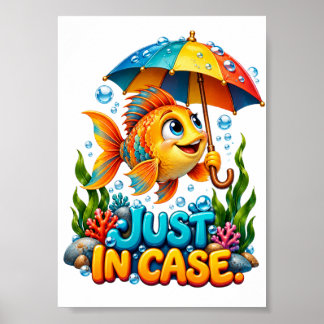 Funny Fish With Umbrella Poster