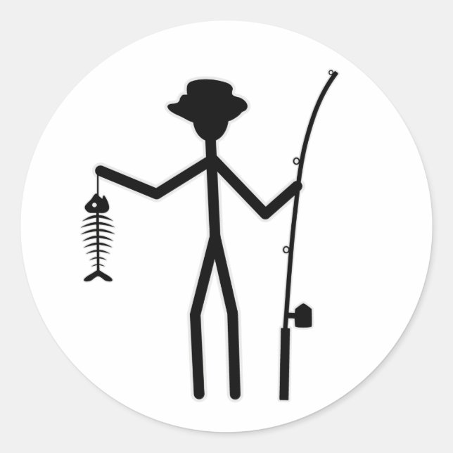 Funny Fisherman Stick Figure Holding Fish Bones Classic Round Sticker (Front)