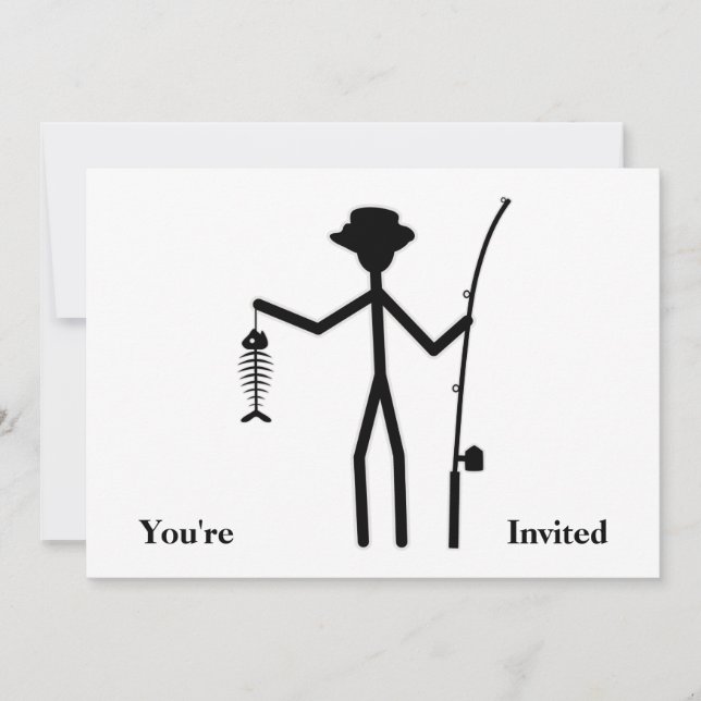 Funny Fisherman Stick Figure Holding Fish Bones Invitation (Front)
