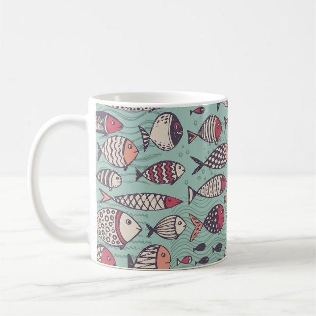 Funny fishes: hand-drawn seamless pattern. coffee mug (Left)