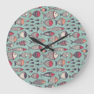 Funny fishes: hand-drawn seamless pattern. large clock