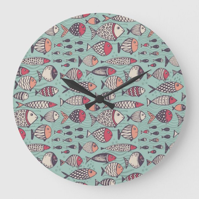 Funny fishes: hand-drawn seamless pattern. large clock (Front)