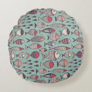 Funny fishes: hand-drawn seamless pattern. round cushion