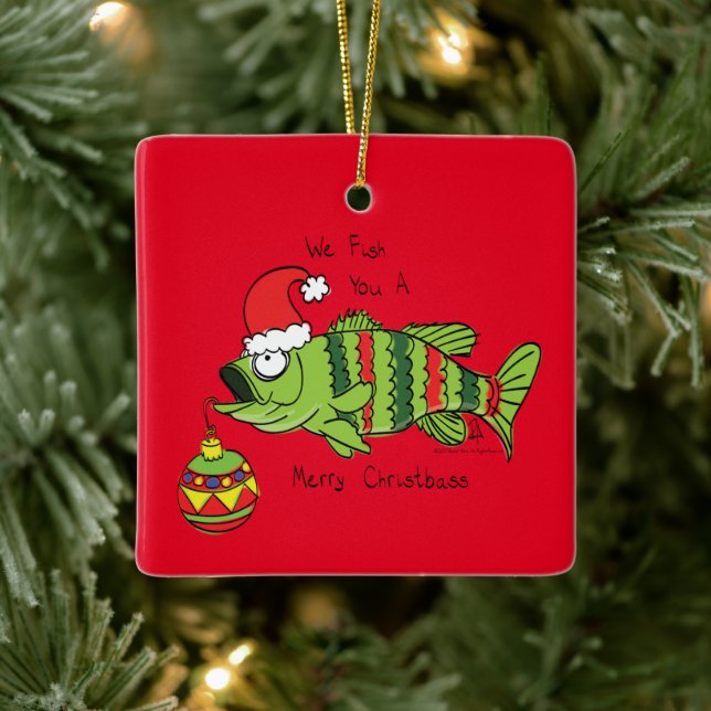 Funny Fishing Christmas Bass Fish Cute Cartoon Ceramic Ornament (Tree)