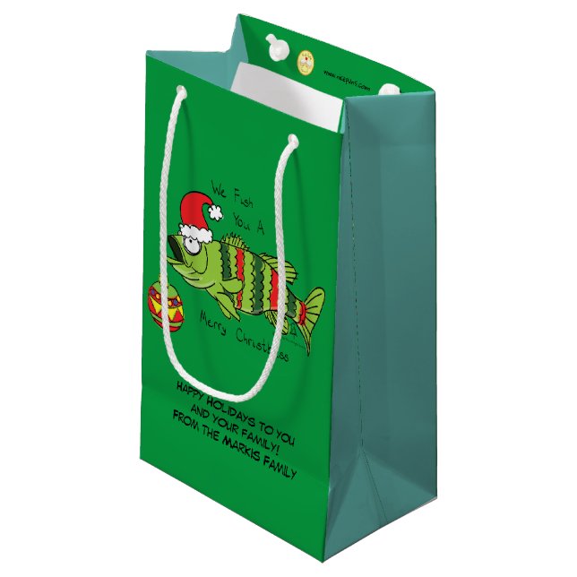 Funny Fishing Christmas Bass Fish Cute Cartoon Small Gift Bag (Front Angled)