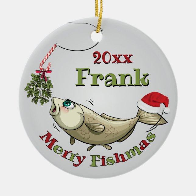 Funny Fishing Christmas - Merry Fishmas Mistletoe Ceramic Ornament (Front)