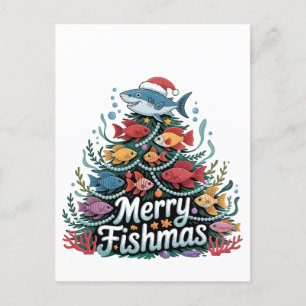 Funny Fishing Christmas Tree Fish Fisher Lover Announcement Postcard