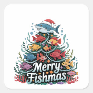 Funny Fishing Christmas Tree Fish Fisher Lover Square Sticker
