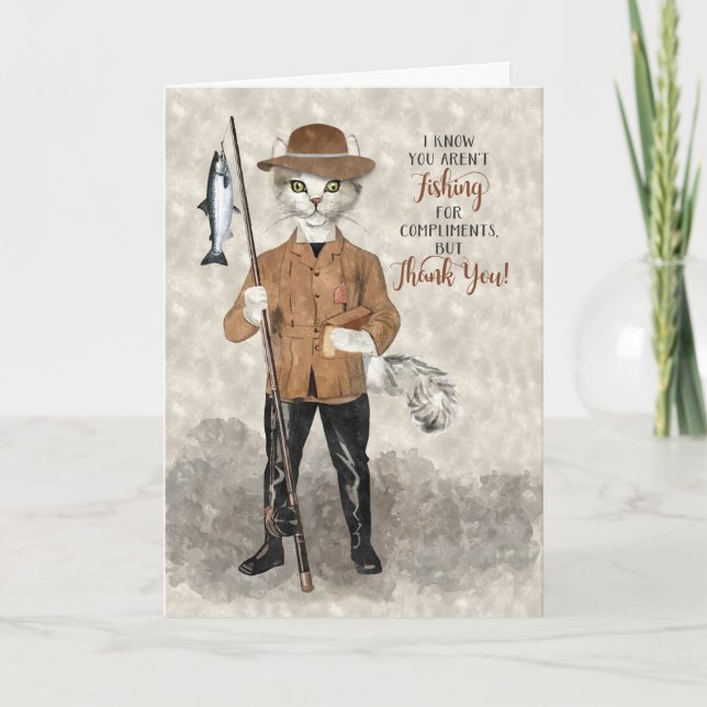 Funny Fishing Hipster Cat Thank You Card (Front)